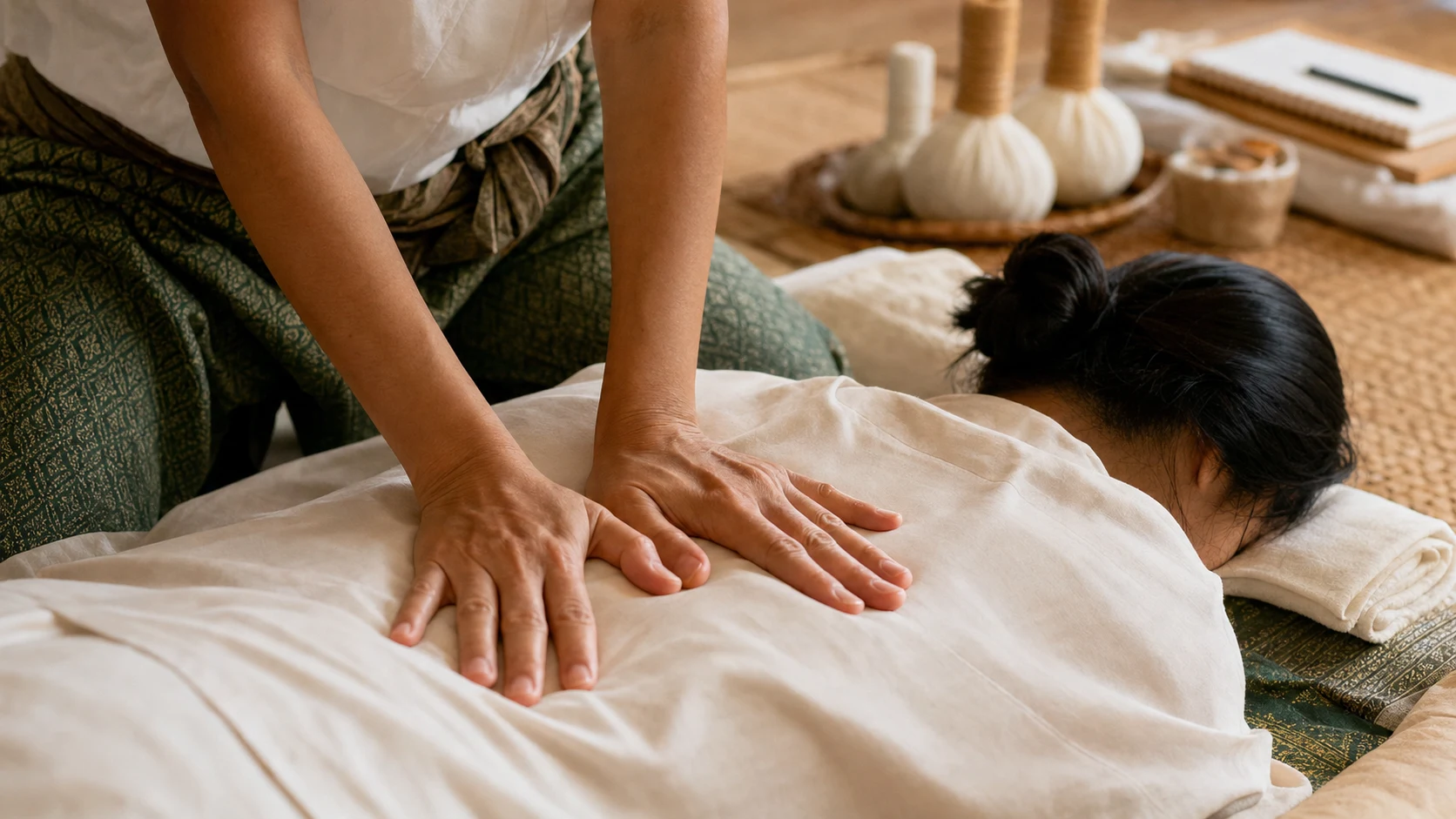 Close-up of palm pressure technique in Thai massage